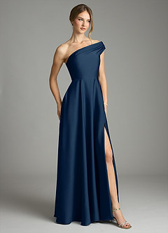 Azazie Melanie At-home Try On Dresses Dark Navy A-Line Off the Shoulder Stretch Satin Dress image5