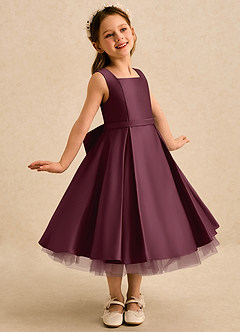 Azazie Josie Robe Demoiselle D'honneur Fillette Robe Trapèze en Mat Satiné Plissé Cabernet image1