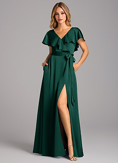 Azazie Lainey Bridesmaid Dresses Emerald A-Line with Pockets Stretch Satin Dress image4