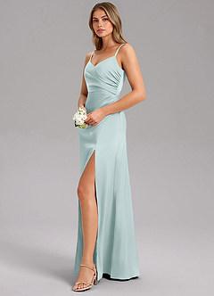 Azazie Azuree Bridesmaid Dresses Mist A-Line Pleated Stretch Satin Dress image4