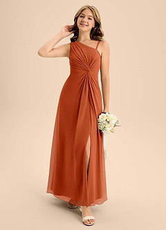 Azazie Brooke Junior Robe Trapèze en Mousseline de soie Fente Latérale Orange Brûlée image3