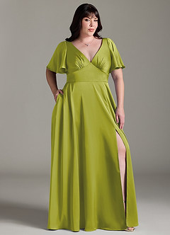 Azazie Kimber Bridesmaid Dresses Lemongrass A-Line Ruched Stretch Satin Dress image9