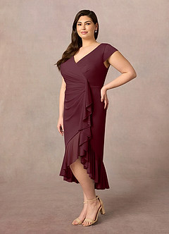 Azazie Renetta Mother of the Bride Dresses Cabernet Sheath V-Neck Pleated Mesh Dress image9