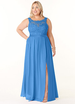 Azazie Elly Bridesmaid Dresses Blue Jay A-Line Lace Scoop Neck Chiffon Dress image7