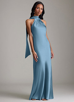 Azazie Cassiana Abiti da Damigella Abito Sirena in Raso Elasticizzato Plissettato Blu Acciaio image6