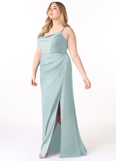 Azazie Marzia Bridesmaid Dresses Mist Sheath Cowl Pleated Stretch Satin Dress image9