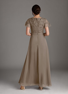 Azazie Singer Mother of the Bride Dresses Taupe A-Line V-Neck Lace Chiffon Dress image2