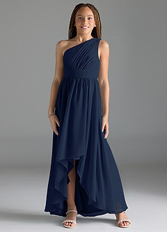 Azazie Mathilda Junior Robe Trapèze en Mousseline de soie Plissée Bleu Marine Foncé image1