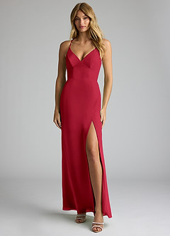 Azazie Becca Bridesmaid Dresses Scarlet Sheath V-Neck Chiffon Dress image1
