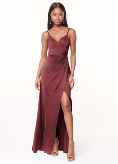 Azazie Maci Bridesmaid Dresses Merlot A-Line V-Neck Pleated Stretch Satin Dress image1