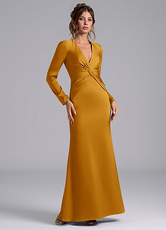Azazie Valerie Bridesmaid Dresses Butterscotch Mermaid Long Sleeve Stretch Satin Dress image1