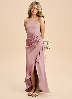 Azazie Buzzy Junior Dusty Rose Sheath Pleated Stretch Satin Dress image1