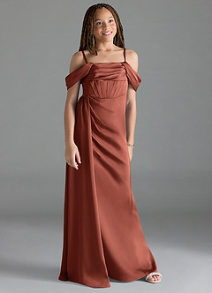Azazie Amyra Junior Auburn Sheath Off the Shoulder Stretch Satin Dress image3