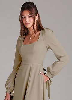 Azazie Leonia Bridesmaid Dresses Taupe A-Line Long Sleeve Stretch Crepe Dress image2