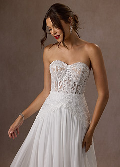 Azazie Rhya Vestidos de novia Vestido de Blanco Diamante Nude de Encaje de Corte en A con Vestidos sin tirantes image19