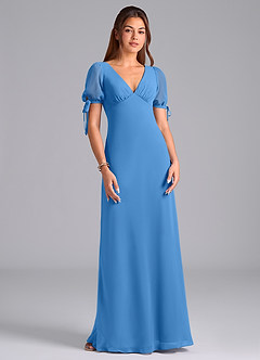 Azazie Pheby Robes de demoiselle d'honneur Robe Trapèze en Mousseline de soie Plissée Geai Bleu image4