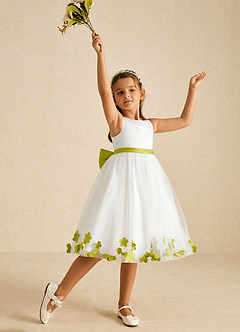 Azazie Dot Flower Girl Dresses Ivory Lemongrass A-Line Bow Tulle Dress image3