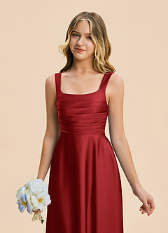 Azazie Azaria Junior Pomegranate A-Line Pleated Stretch Satin Dress image7
