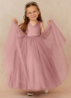 Azazie Marybell Blumenmädchenkleider A-Linie Schleifen Tüll Kleid Altrosa image3