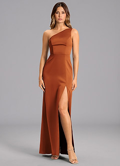 Azazie Phaedra Jurken voor bruidsmeisjes Jurk van Stretch Satijn met A-Lijn One-Shoulder Kaneel image1