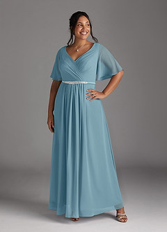 Azazie Tricia Kleider für die Brautmutter A-Linie V-Hals Gefaltet Chiffon Kleid Stimmungsvolles Blau image10