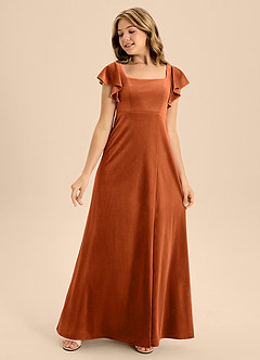 Azazie Bondi Junior Burnt Orange A-Line Bow Velvet Dress image3