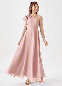 Azazie Arabella Junior Powder Pink A-Line Ruched Chiffon Dress image4