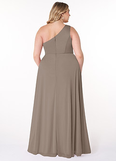 Azazie Brooke Robes de demoiselle d'honneur Robe Trapèze en Maille Ue épaule Taupe image7