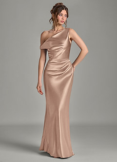 Azazie Emerson Bridesmaid Dresses Taupe Mermaid Off the Shoulder Metallic Satin Dress image4