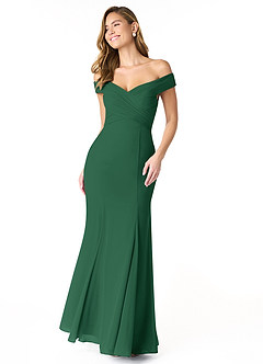 Azazie Lecia Bridesmaid Dresses Dark Green Empire Off-The-Shoulder Pleated Chiffon Convertible Dress image1