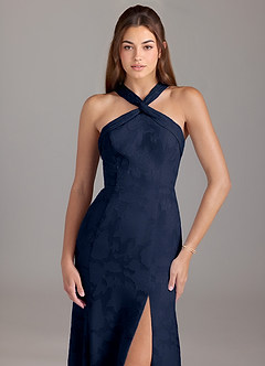 Azazie Rue Bridesmaid Dresses Dark Navy A-Line Pleated Floral Burnout Dress image5