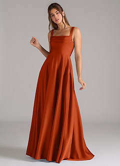 Azazie Shaude Vestidos de damas de honor Vestido de Naranja Quemada de Satén Elástico de Corte en A con Plisado image5