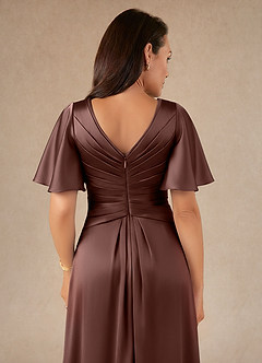 Azazie Emmeline Mother of the Bride Dresses Espresso A-Line Pleated Stretch Satin Dress image4