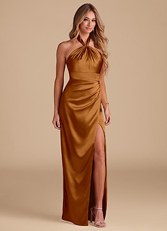 Azazie Zaya Bridesmaid Dresses Copper Sheath Pleated Metallic Satin Dress image5
