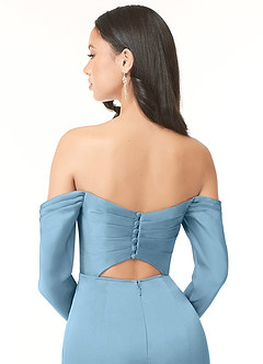 Azazie Hallie Vestidos de damas de honor Vestido de Azul Acero de Satén Elástico de Corte Recto Convertible con Manga larga con hombros descubiertos image7