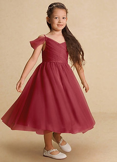 Azazie Lizzette Flower Girl Dresses Pomegranate A-Line Ruched Tulle Dress image4