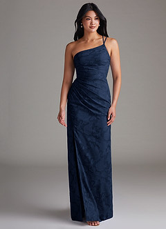 Azazie Eren Jurken voor bruidsmeisjes Jurk van Bloemen Burn-out met Kolom One-Shoulder Donkere Marine image4