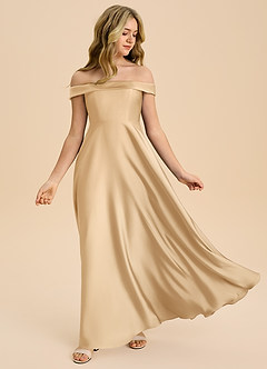 Azazie Sissy Junior Vestido de Oro de Satén Elástico de Corte en A con Vestidos sin tirantes image5