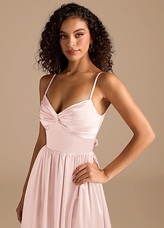 Azazie Zeya Bridesmaid Dresses Blushing Pink A-Line Pleated Metallic Satin Dress image3