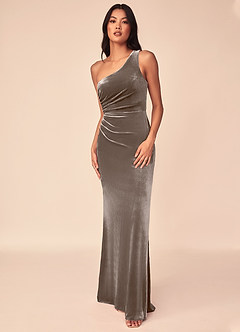 Azazie Argan Bridesmaid Dresses Silver Taupe A-Line One Shoulder Pleated Velvet Dress image4
