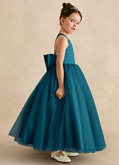 Azazie Peanut Robe Demoiselle D'honneur Fillette Robe Trapèze en Tulle Bretelle Bleu Encre image3