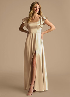 Azazie Bondi Bridesmaid Dresses Champagne A-Line Bow Metallic Satin Dress image4