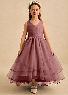 Azazie Seraphina vestidos de niña de las flores Vestido Rosa Del Desierto de Tul de Corte en A con Plisado image1
