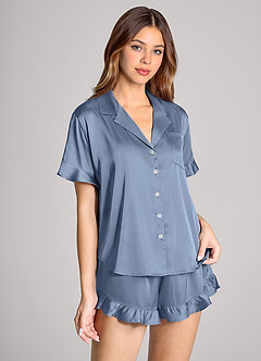 front Matching Color Ruffled Short Sleeve Pajama Set