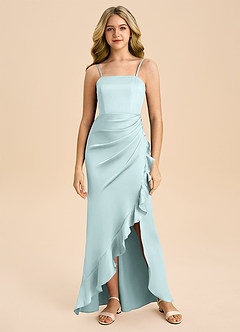 Azazie Buzzy Junior Sea Glass Sheath Pleated Stretch Satin Dress image3