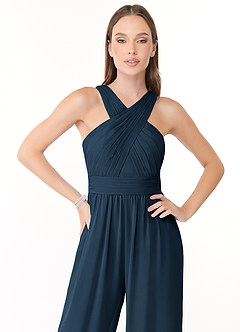 Azazie Berdie Abiti da Damigella Tuta in Chiffon con Scollo Halter Marino Scuro image5