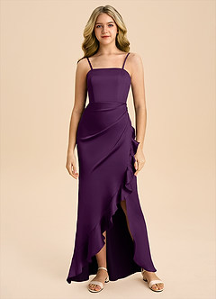 Azazie Buzzy Junior Grape Sheath Pleated Stretch Satin Dress image3