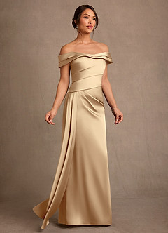 Azazie Beah Mother of the Bride Dresses Champagne Sheath Off the Shoulder Stretch Satin Dress image2