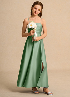 Azazie Pebbles Girls Formal Flower Girl Dresses Matcha A-Line Pleated Matte Satin Dress image6