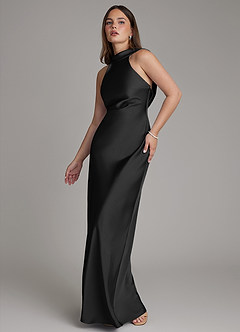 Azazie Dimitra Robes de demoiselle d'honneur Robe Trapèze en Satin extensible Plissé Noir image4